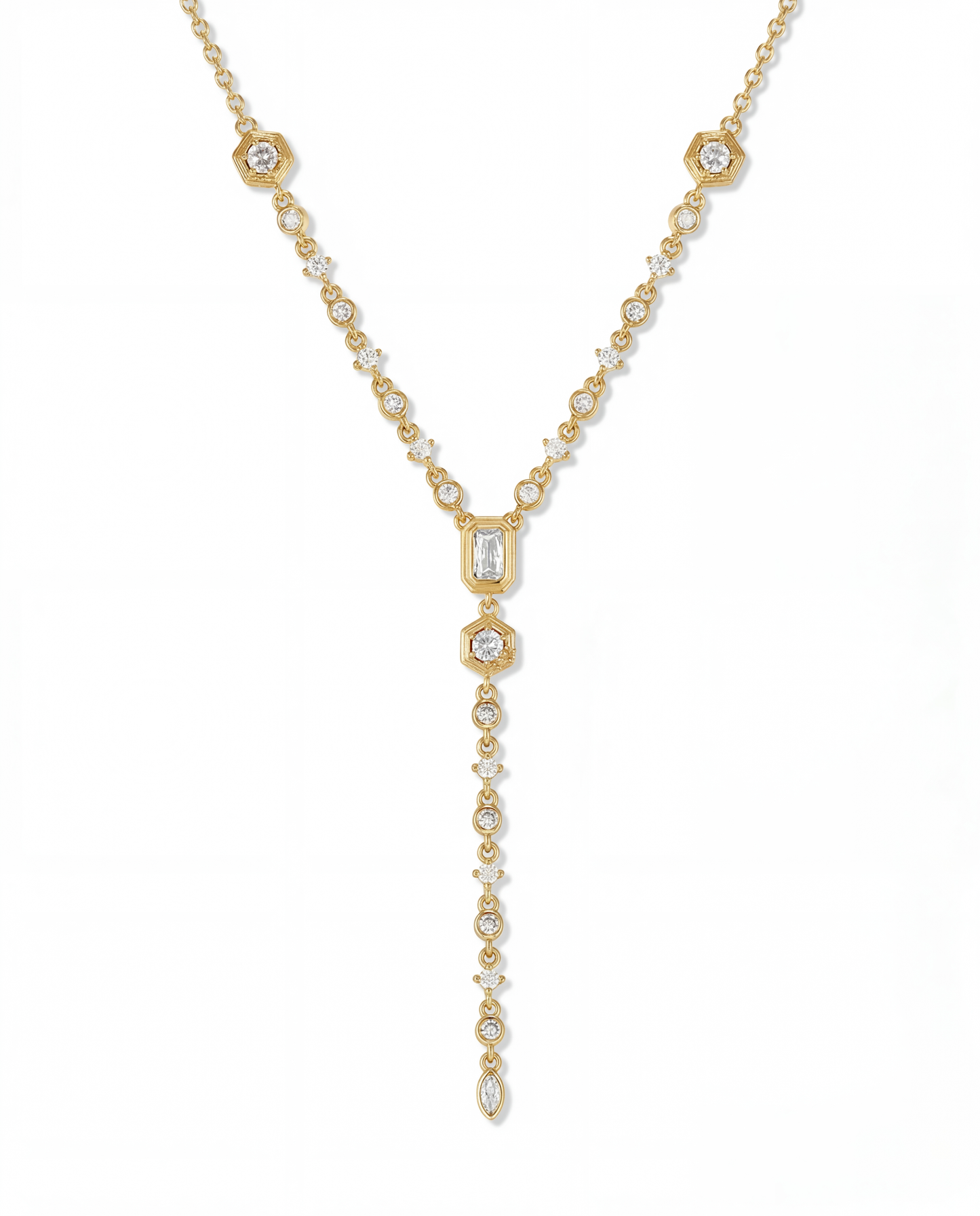 Gold statement necklace with mixed cut CZ stones set into every link from collarbone to long drop - FOUND Jewelry Canada