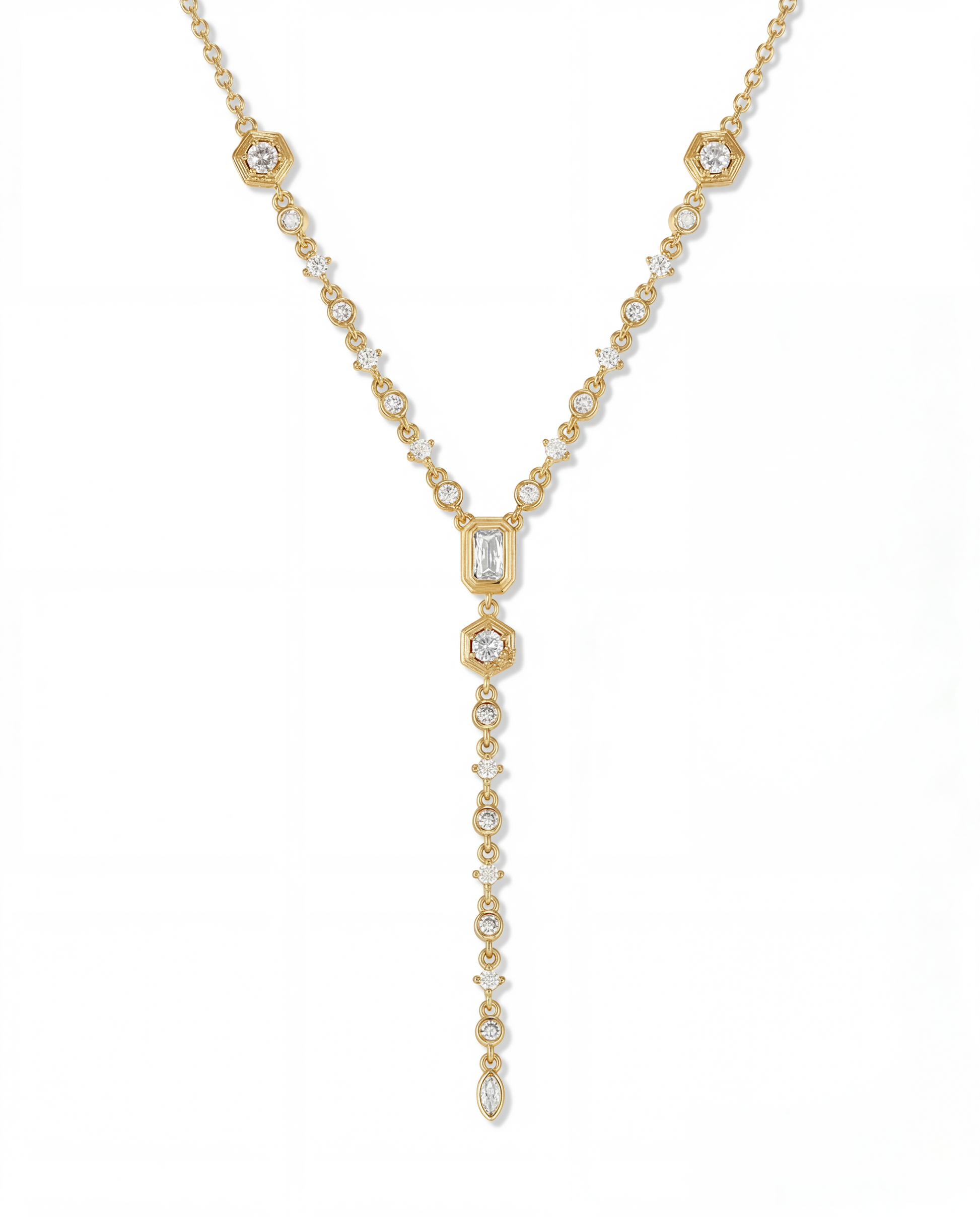 Gold statement necklace with mixed cut CZ stones set into every link from collarbone to long drop - FOUND Jewelry Canada
