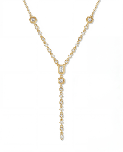 Gold statement necklace with mixed cut CZ stones set into every link from collarbone to long drop - FOUND Jewelry Canada