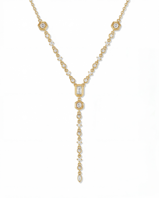Gold statement necklace with mixed cut CZ stones set into every link from collarbone to long drop - FOUND Jewelry Canada