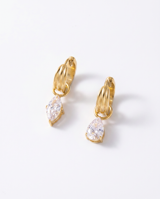 Gold ribbed huggie earring with pear cut and marquise cut crystal drops hanging below - FOUND Jewelry Canada