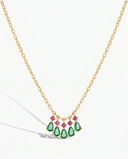 Gold fan drop crown necklace with five green pear CZ stones and pink ruby round stones - FOUND Jewelry Canada
