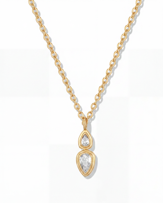 Gold chain necklace with double drop bezel set marquise above pear CZ pendant - FOUND Jewelry Canada
