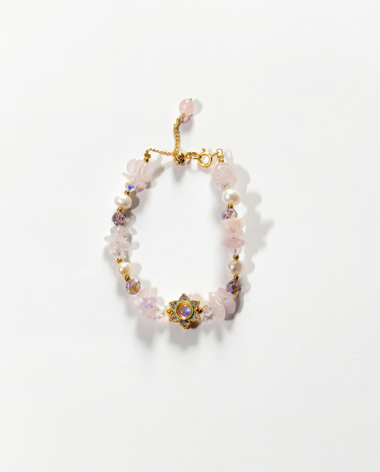Rose quartz chip and pearl bracelet with gold teal enamel lotus flower charm centre - FOUND Jewelry Canada