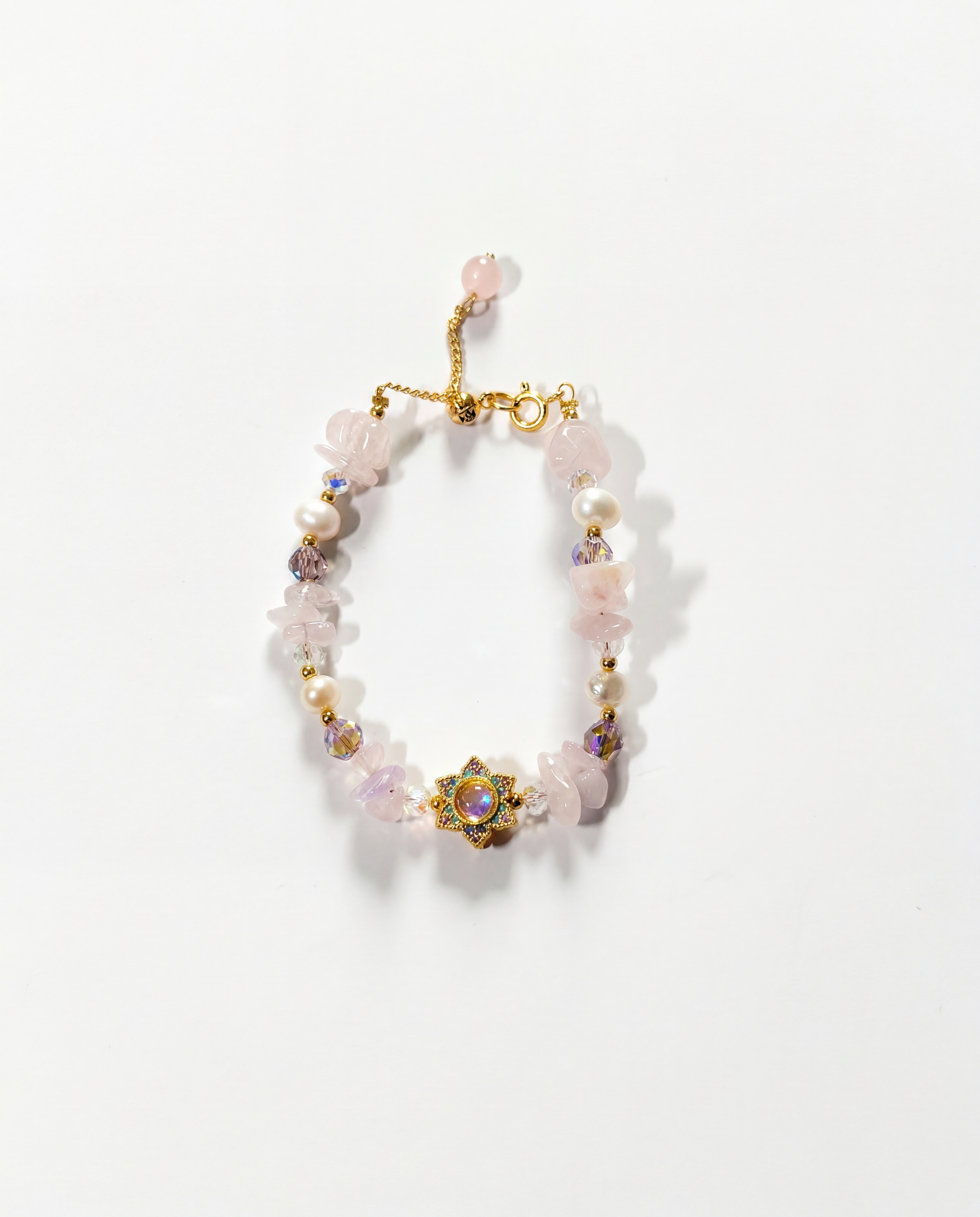 Rose quartz chip and pearl bracelet with gold teal enamel lotus flower charm centre - FOUND Jewelry Canada