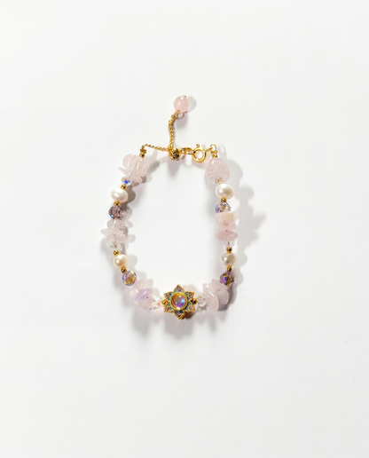 Rose quartz chip and pearl bracelet with gold teal enamel lotus flower charm centre - FOUND Jewelry Canada