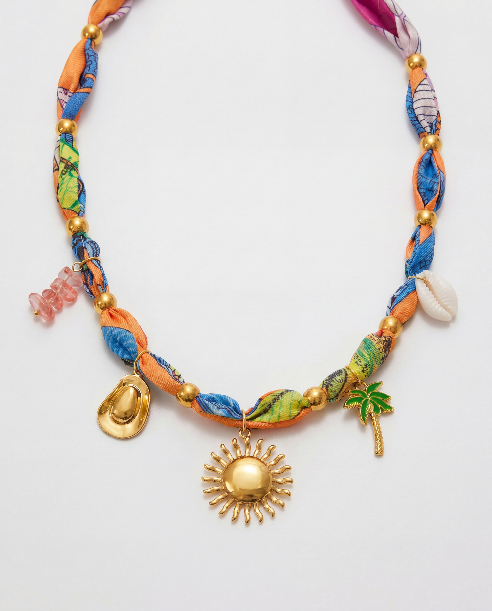 Gold chain necklace with colourful silk scarf woven through and five mixed summer charms Ð FOUND Jewelry Canada