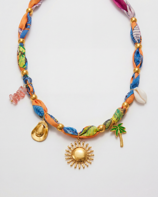 Gold chain necklace with colourful silk scarf woven through and five mixed summer charms Ð FOUND Jewelry Canada