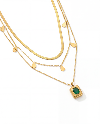 Gold triple layered necklace with herringbone chain teardrop charms and green oval stone pendant - FOUND Jewelry Canada
