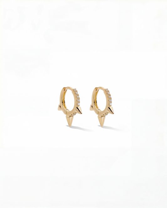 Gold pavŽ huggie hoop earrings with three downward pointing spikes - FOUND Jewelry Canada
