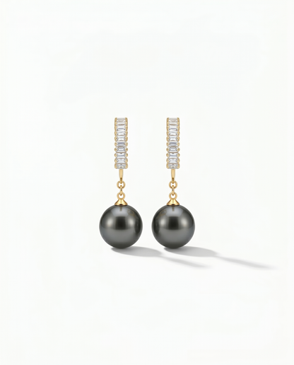 Gold baguette zirconia hoop earring with large dark Tahitian pearl drop hanging below - FOUND Jewelry Canada