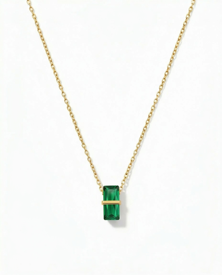 Gold bar bezel pendant necklace holding single deep green CZ stone at centre - FOUND Jewelry Canada