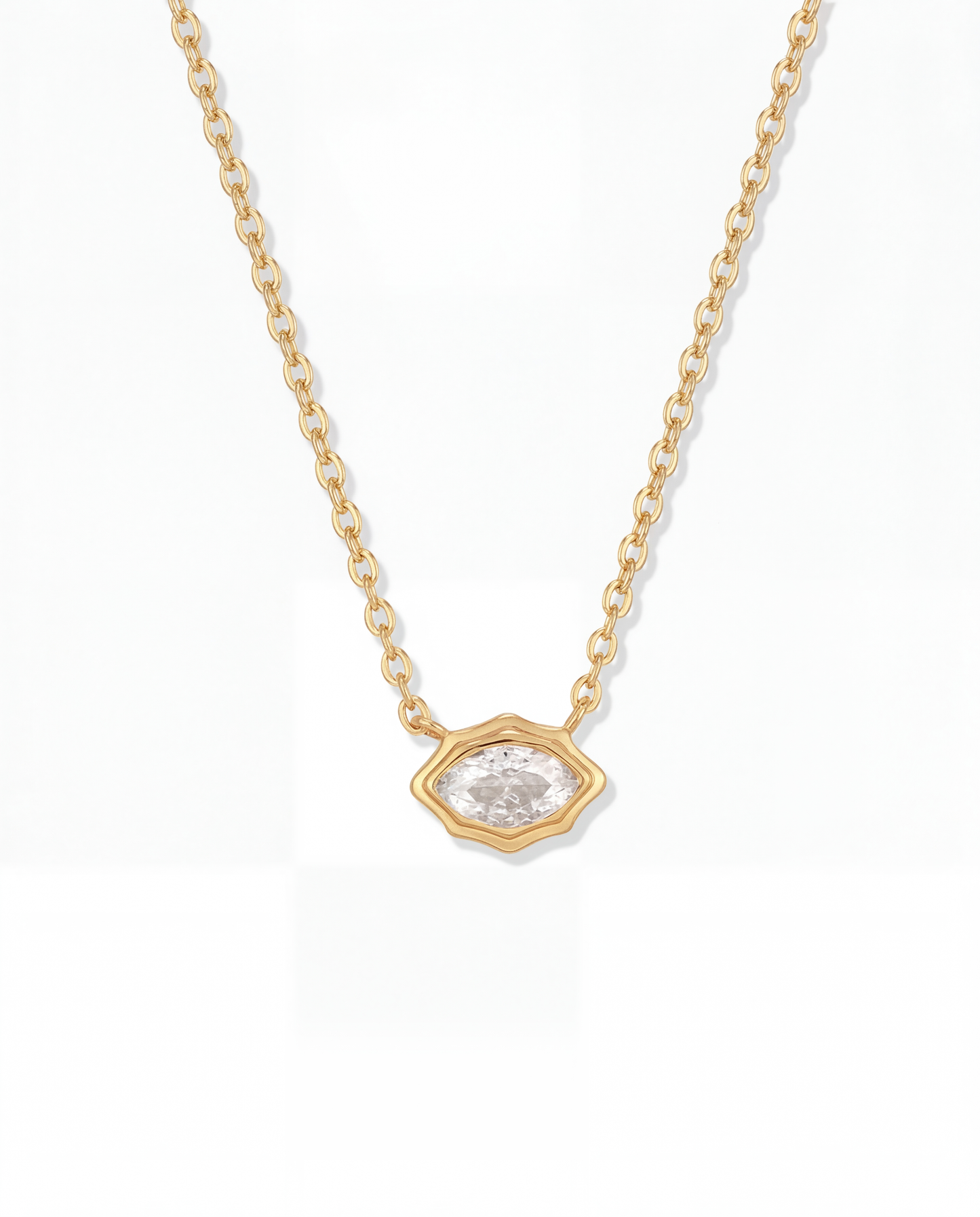 Gold chain necklace with single horizontal marquise CZ stone in scalloped gold bezel - FOUND Jewelry Canada