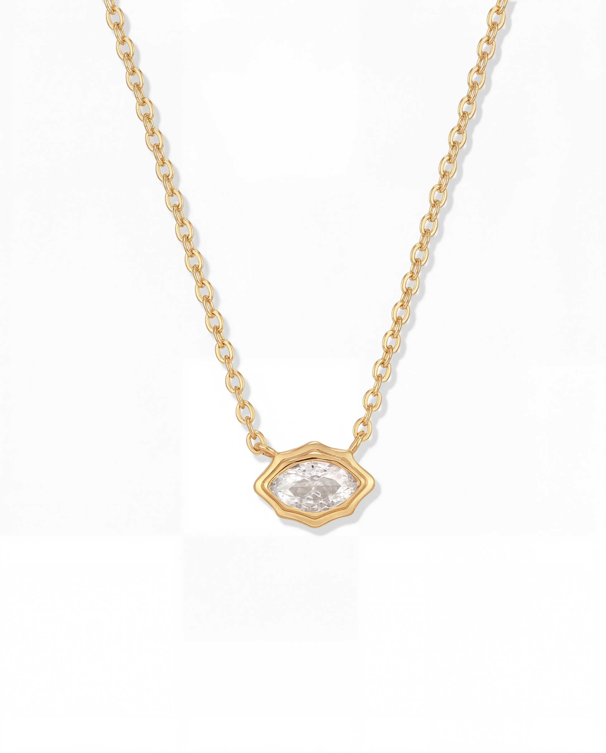 Gold chain necklace with single horizontal marquise CZ stone in scalloped gold bezel - FOUND Jewelry Canada
