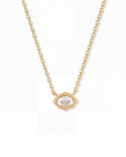 Gold chain necklace with single horizontal marquise CZ stone in scalloped gold bezel - FOUND Jewelry Canada
