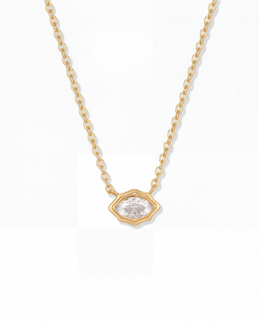 Gold chain necklace with single horizontal marquise CZ stone in scalloped gold bezel - FOUND Jewelry Canada