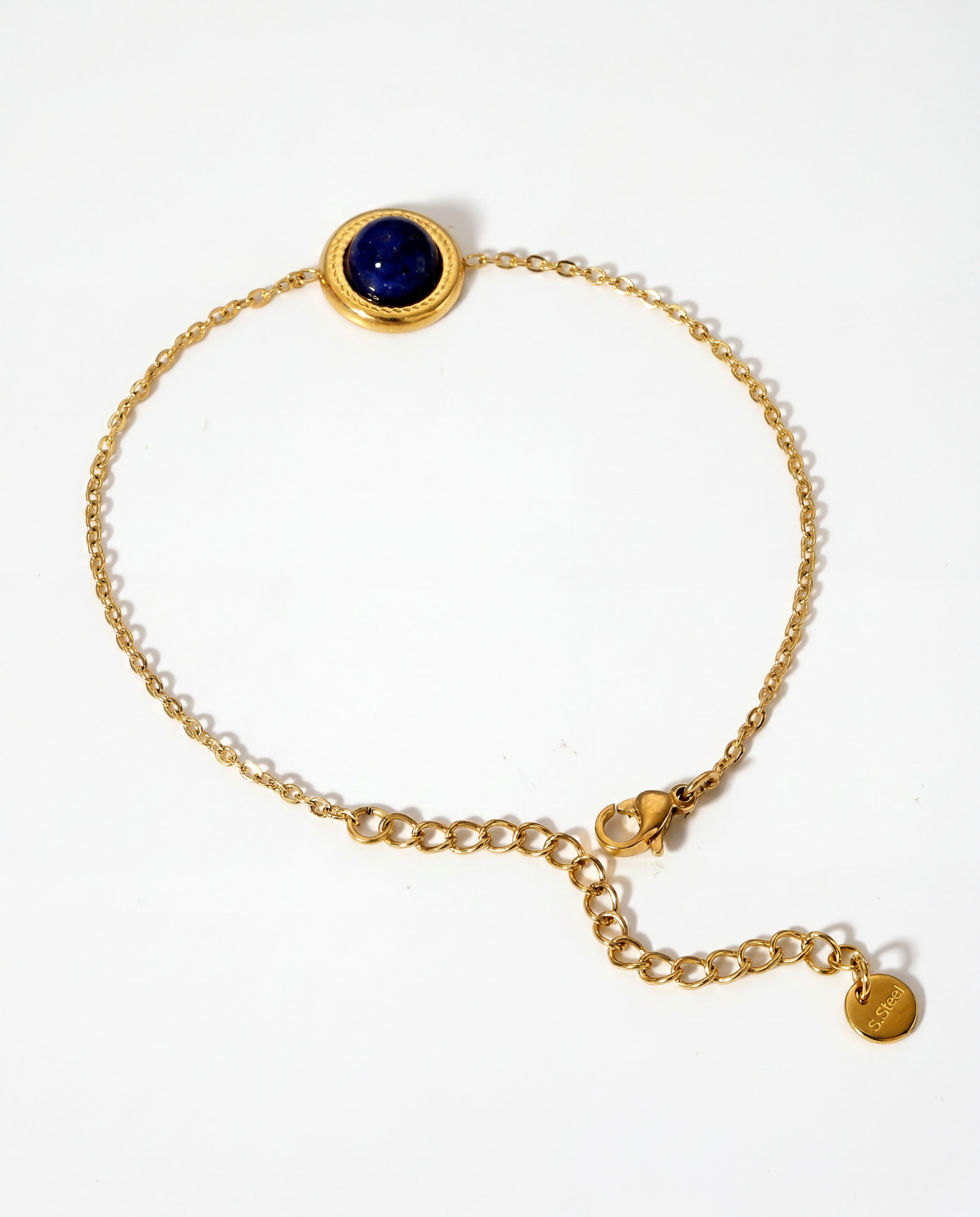 Delicate gold chain bracelet with single round lapis lazuli stone in bezel setting Ð FOUND Jewelry Canada