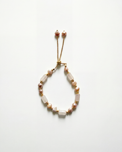 Gold chain bracelet alternating rose quartz stones and peach freshwater pearls - FOUND Jewelry Canada