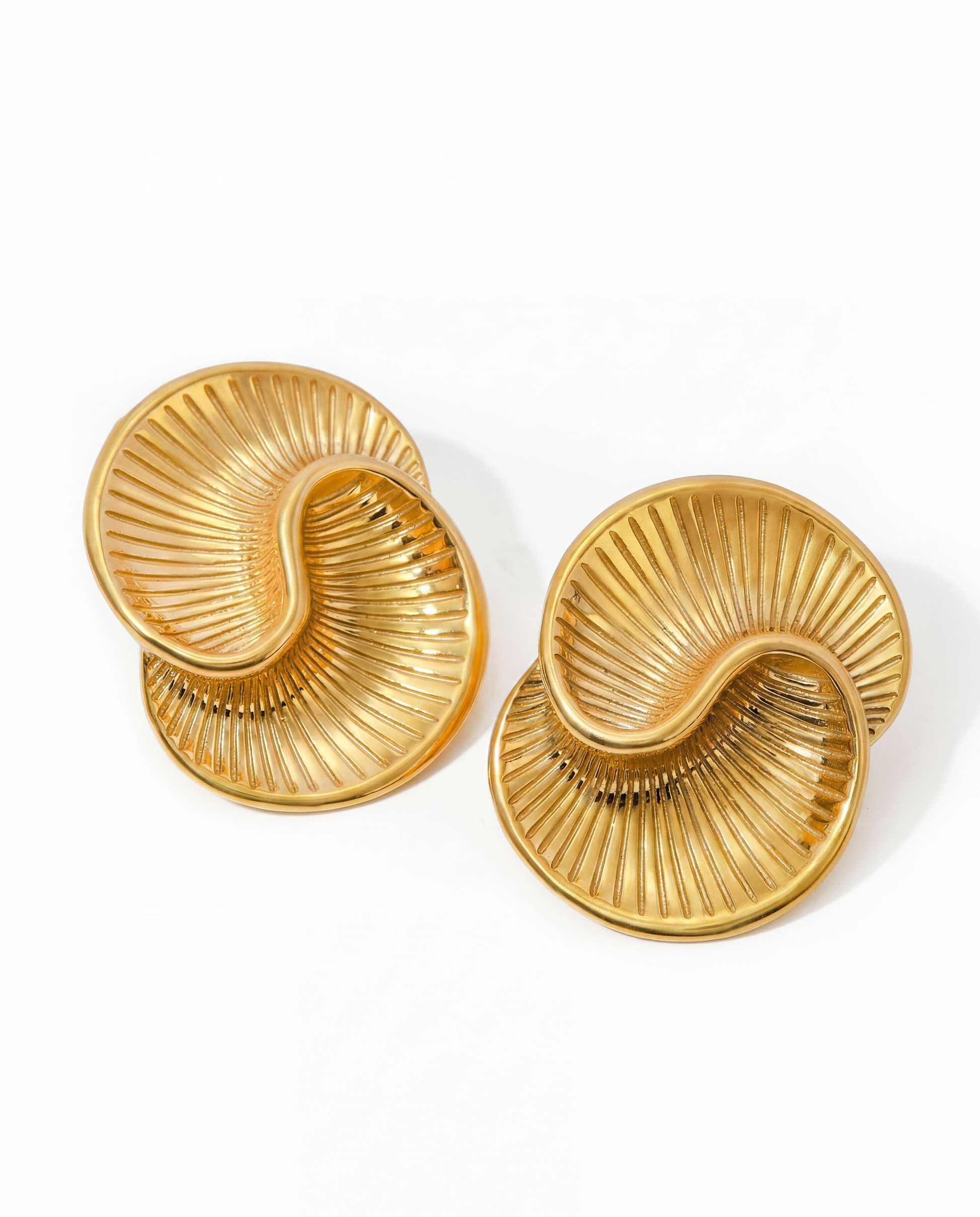 Large gold ribbed spiral swirl statement earrings with no stone detail - FOUND Jewelry Canada