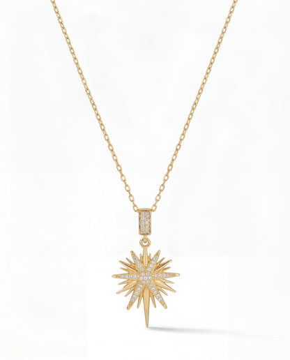 Gold starburst pendant necklace with pavŽ CZ centre and one long downward spike drop - FOUND Jewelry