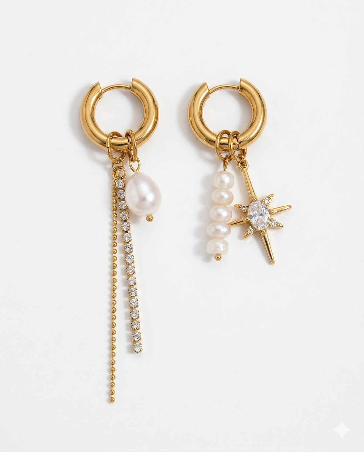 Asymmetric drop earrings with pavŽ star on one side and pearl trailing chain on other - FOUND Jewelry Canada