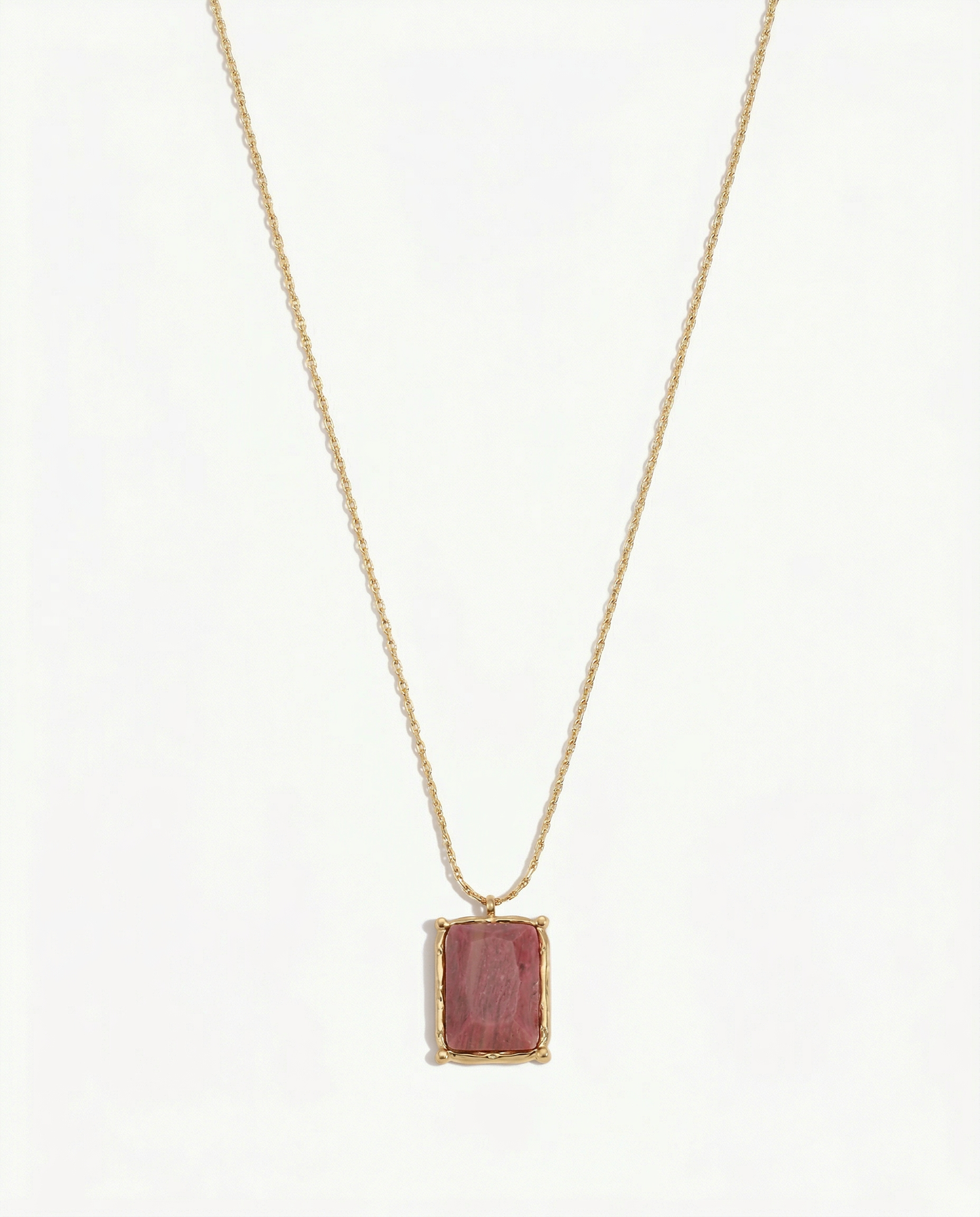 Gold hammered rectangular frame pendant necklace holding raw rhodonite pink stone - FOUND Jewelry