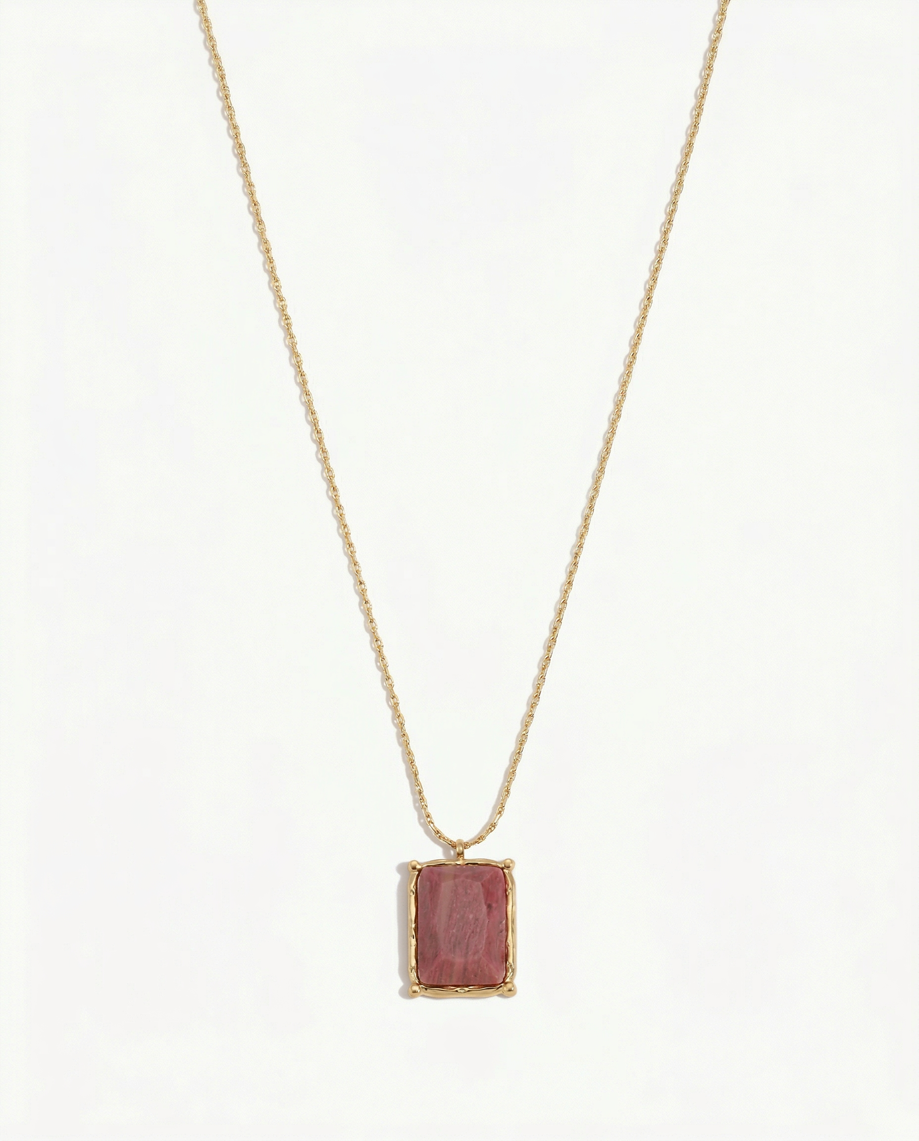 Gold hammered rectangular frame pendant necklace holding raw rhodonite pink stone - FOUND Jewelry