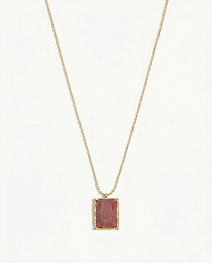 Gold hammered rectangular frame pendant necklace holding raw rhodonite pink stone - FOUND Jewelry