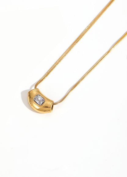 Gold flat snake chain necklace with chunky gold bean pendant and single square CZ stone - FOUND Jewelry Canada