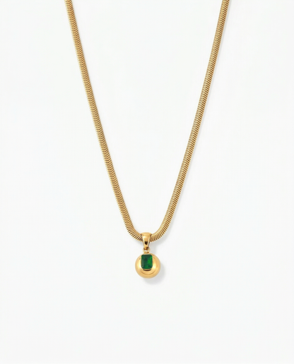 Gold orb pendant on herringbone snake chain with rectangle green CZ stone set into face - FOUND Jewelry Canada