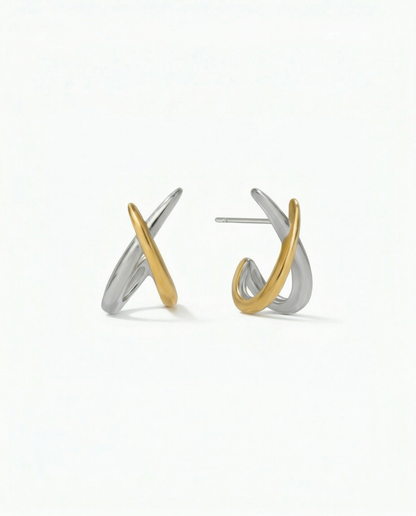 Gold and silver dual tone crossover twist stud earrings with two lines intersecting at centre - FOUND Jewelry Canada