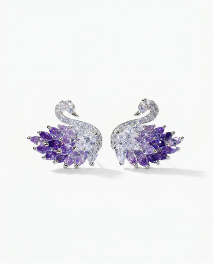 Silver swan wing statement earrings with gradient marquise CZ feathers in purple - FOUND Jewelry Canada